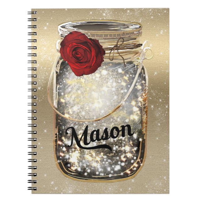 Caderno Espiral Dourado Sparkle Glam Rosa vermelha Mason Jar (Frente)
