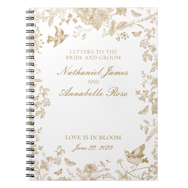 Caderno Espiral Dourado Toile De Jouy Wedding Letters Bride and Gr (Frente)