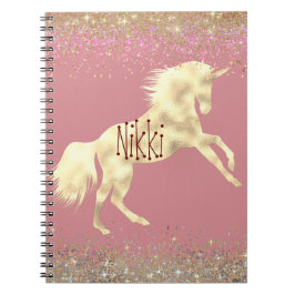 Caderno Espiral Dourado Unicórnio brilhante personalizado cor-de-r