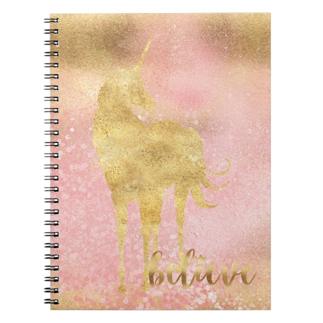 Caderno Espiral Dourado Unicórnio Mágico Cor-de-Rosa (Frente)