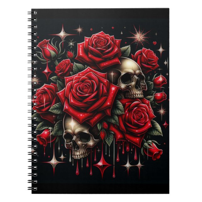 Caderno Espiral Dourados crânios e Rosa vermelha Glamor Gótico Spa (Frente)