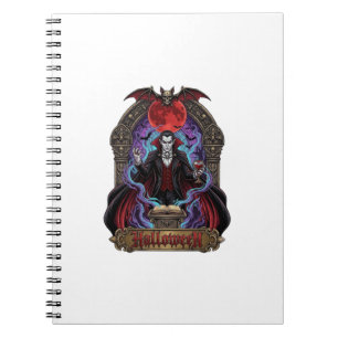 Caderno Espiral Drácula de Halloween Lua Vermelha Morcegos Caveira