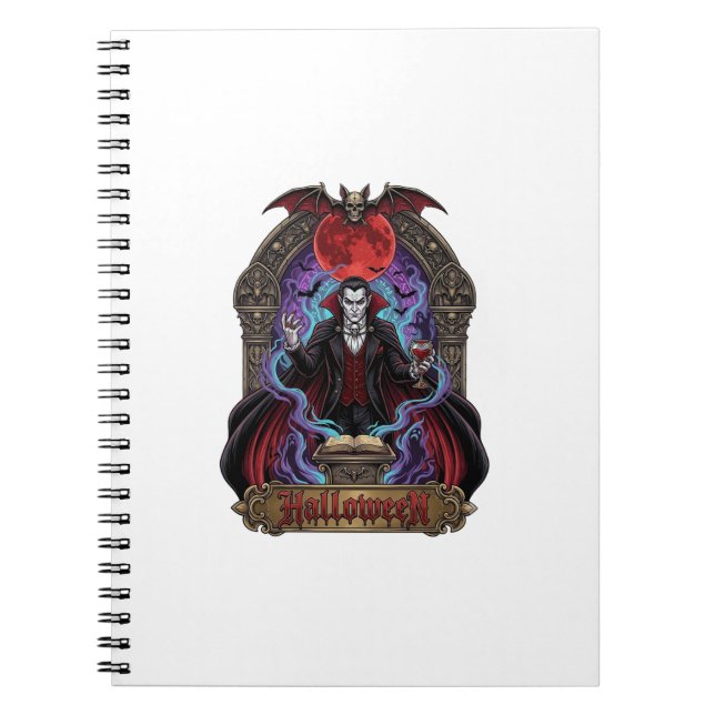 Caderno Espiral Drácula de Halloween Lua Vermelha Morcegos Caveira (Frente)