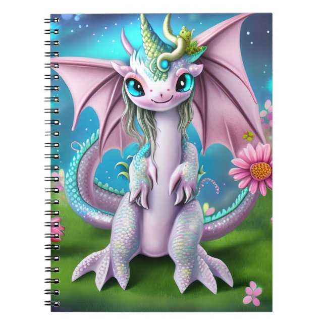 Caderno Espiral Dragão Bebê Sorridente e Bonito com Flores (Frente)