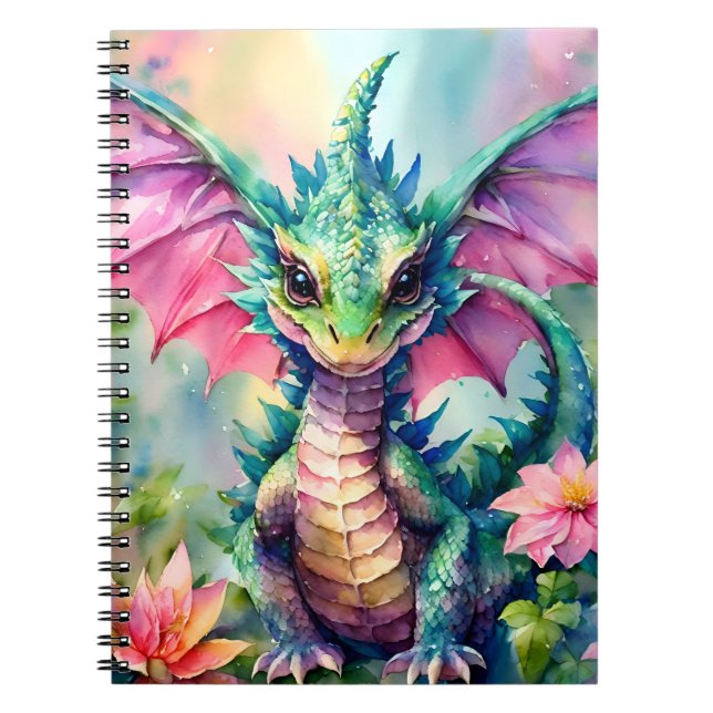Caderno Espiral Dragão-Bebê Verde-Cor-de-Água e Rosa (Frente)