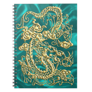 Caderno Espiral Dragão Dourado em relevo na Turquesa Satin Impress