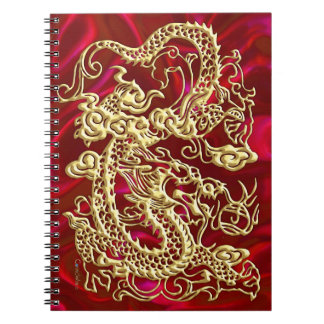 Caderno Espiral Dragão Dourado Embutido em Impressão de Cetim Verm