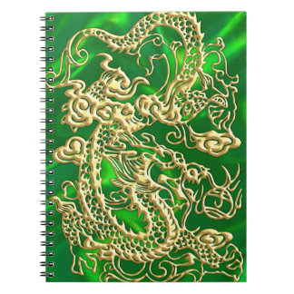 Caderno Espiral Dragão Dourado embutido no impressão Satin Verde