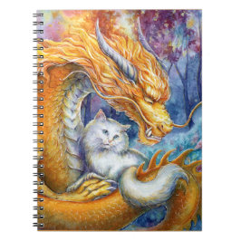 Caderno Espiral Dragão Fiery e Gato Branco em Floresta Mística