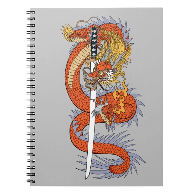 Caderno Espiral Dragão japonês com calça de camiseta com espada de (Frente)