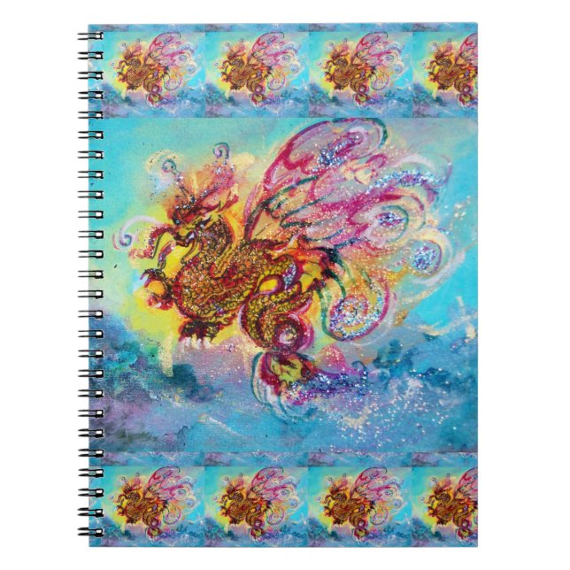 Caderno Espiral DRAGÃO MARÍTIMO ENTRE ONDAS Fantasia Rosa Azul (Frente)