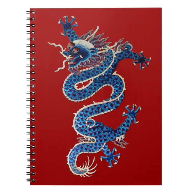 Caderno Espiral Dragão oriental azul antigo bordado chinês (Frente)