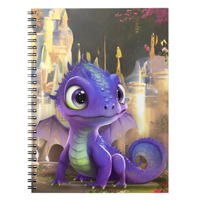 Caderno Espiral Dragão Roxo Bebê E Castelo Medieval Fantasia (Frente)