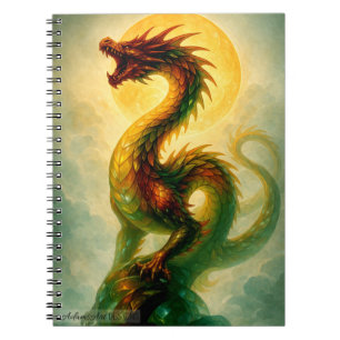 Caderno Espiral Dragão Serpente do Sol Dourado Arte Fantasia
