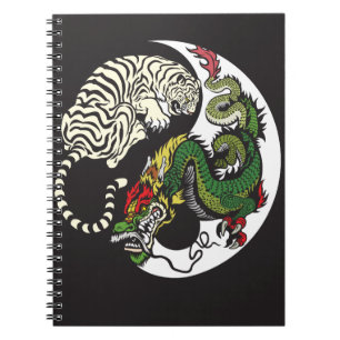 Caderno Espiral dragão verde e símbolo branco de yang do yin do