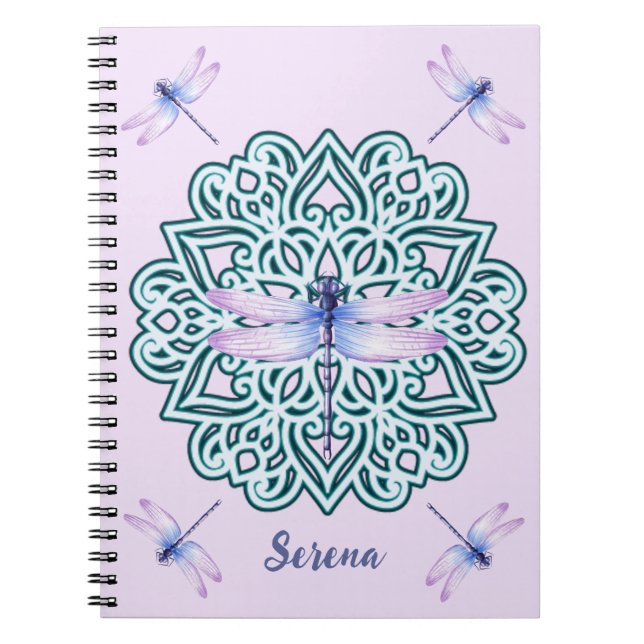 Caderno Espiral Dragonfly Azul Púrpura Personalizada Mandala Rosa (Frente)