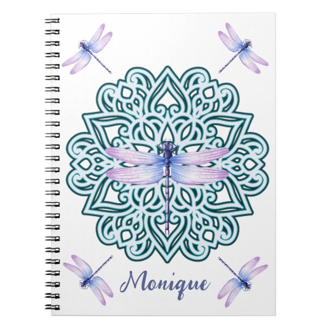 Caderno Espiral Dragonfly Azul Roxo Personalizada de Mandala Branc (Frente)