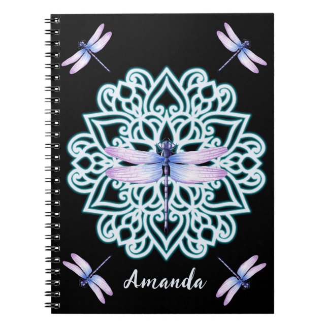 Caderno Espiral Dragonfly Roxa Personalizada Mandala Preta (Frente)