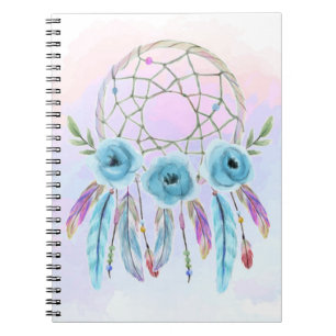 Caderno Espiral Dreamcatcher Watercolor Penas Russas Boho Chic