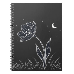 Caderno Espiral Dreamy Moonlit Flower Line Art com estrelas
