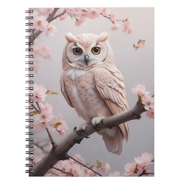 Caderno Espiral Dreamy Pink Cherry Blossoms Owl (Frente)