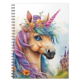 Caderno Espiral Dreamy Unicorn Watercolor com Castelo e Flores