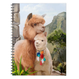 Caderno Espiral Duas alpacas peludas no fundo do lago