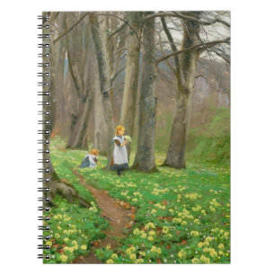 Caderno Espiral Duas garotas catando flores na floresta de primave