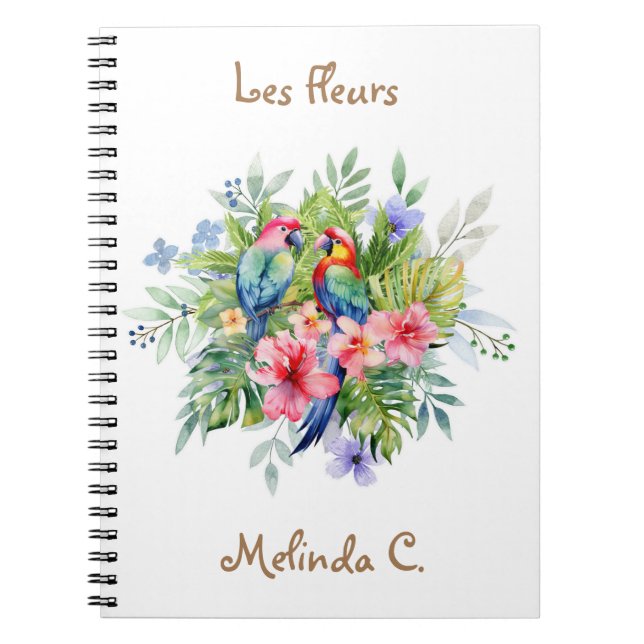 Caderno Espiral Duas Macaws felizes com notebook Tropical Flowers (Frente)