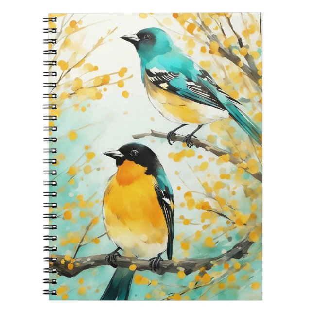 Caderno Espiral Duas Pássaros Sentadas na Ramificação da Árvore (Frente)