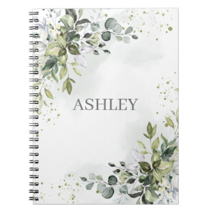 Caderno Espiral Dusty Blue Greenery Nome Personalizado de Aquarela
