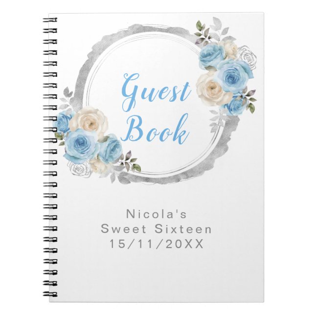 Caderno Espiral Dusty Blue Silver Elegant Flowers Sweet Sixteen (Frente)