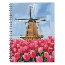 Caderno Espiral Dutch Windmill | Tulip Flower Field Watercolor