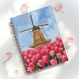 Caderno Espiral Dutch Windmill | Tulip Flower Field Watercolor
