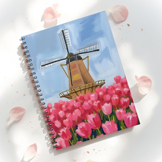 Caderno Espiral Dutch Windmill | Tulip Flower Field Watercolor (Criador carregado)