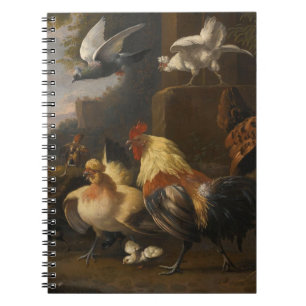Caderno Espiral Eagle, um Cockerell, galinhas, um pombo em vôo