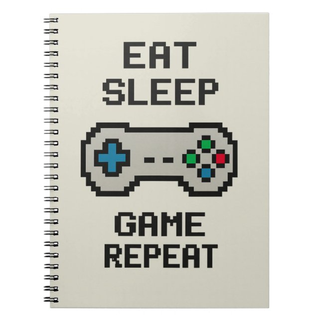 Caderno Espiral Eat Sleep Game Repeat – Pixel Gamer Notebook (Frente)