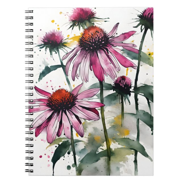 Caderno Espiral Echinacea - Flores em aquarela (Frente)