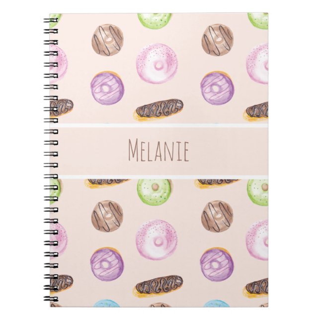 Caderno Espiral Eclairs de Aquarela Donuts Diversão Caprichoso Doc (Frente)