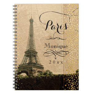 Caderno Espiral Eiffel Tower Paris Vintage Map Monograma Dourado