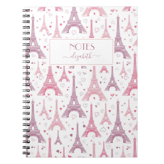 Caderno Espiral Eiffel Towers and hearts personalized (Frente)