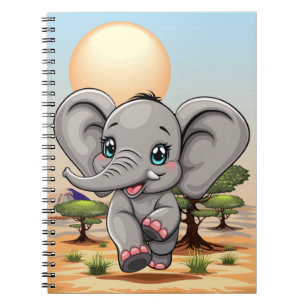 Caderno Espiral Elefante Bebê Pulando Feliz em Savana Africana