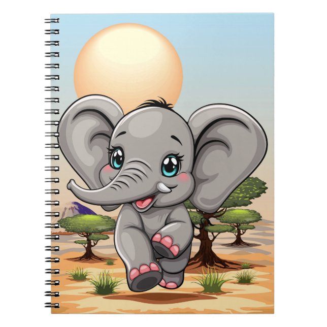 Caderno Espiral Elefante Bebê Pulando Feliz em Savana Africana (Frente)