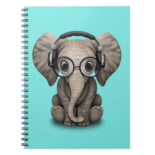 Caderno Espiral Elefante bonito DJ do bebê que veste fones de (Frente)