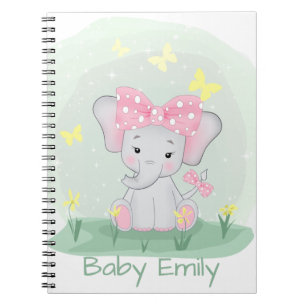 Caderno Espiral Elefante de bebê bonito com arco rosa numa clarei