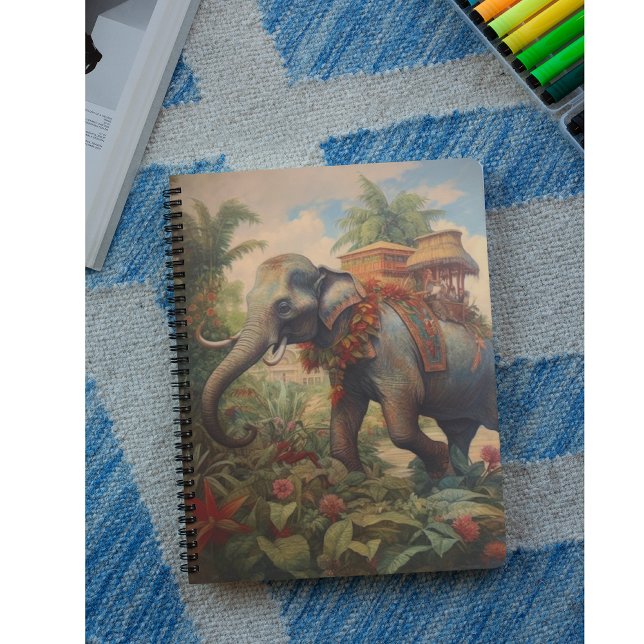 Caderno Espiral Elefante de cena botânica com howdah (Criador carregado)