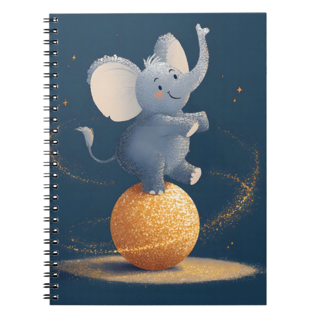 Caderno Espiral Elefante de Circo Espelhado em Bola Dourada Arte (Frente)