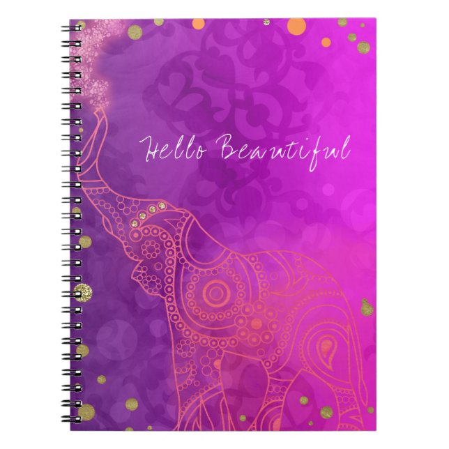 Caderno Espiral Elefante Roxo Rosa Laranja & Dourado Chic Personal (Frente)