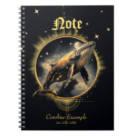 Caderno Espiral elegância cósmica, o ouro, baleia negra