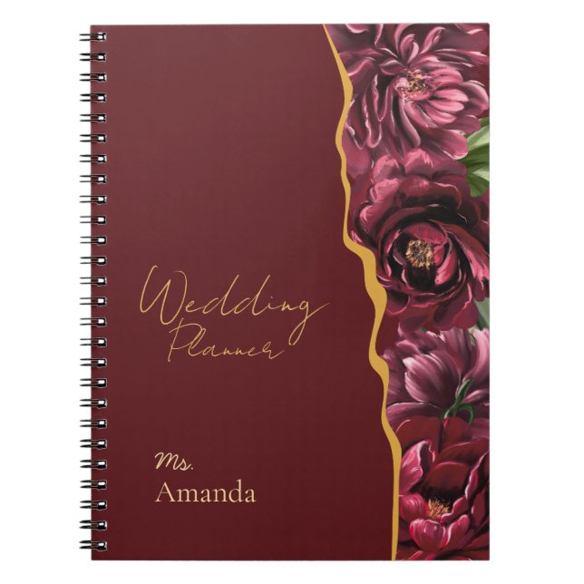 Caderno Espiral Elegância da Flor Burgundy com Dourado (Frente)